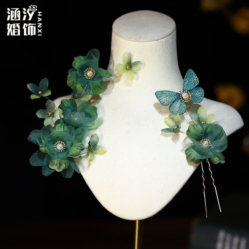 新中式绿色花朵蝴蝶发夹图片