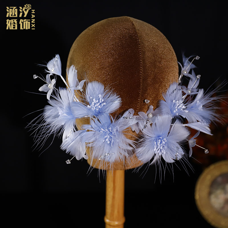 新款蓝色灵动超仙羽毛花朵新娘结婚对夹影楼摄影晚宴头饰跟妆边夹