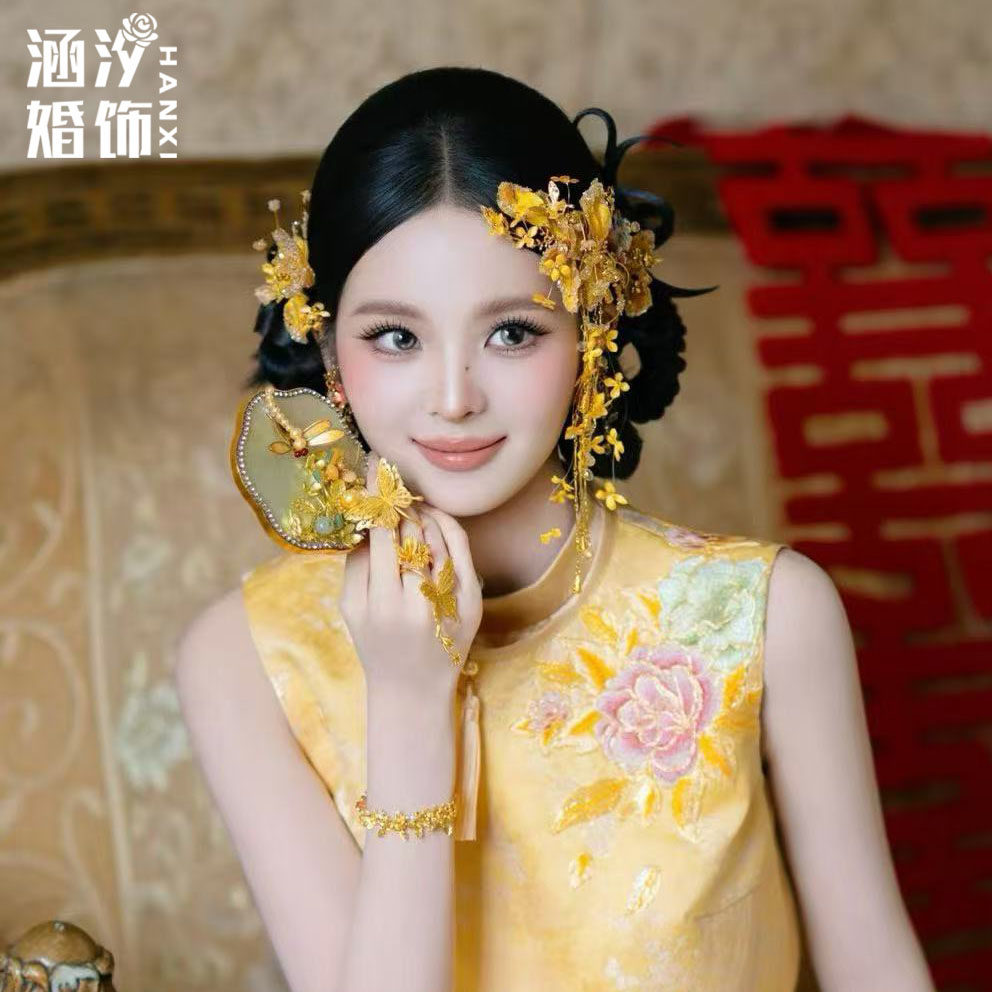 涵汐新中式金色花朵流苏新娘发簪