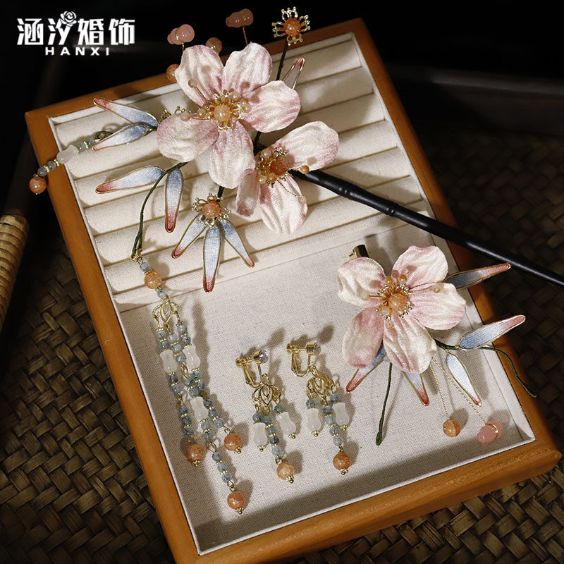 涵汐新娘中式渐变粉色花朵个性百搭秀和旗袍头饰晨袍古典发簪配饰