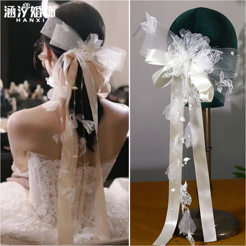 涵汐新款娟纱花朵飘带蝴蝶结发夹