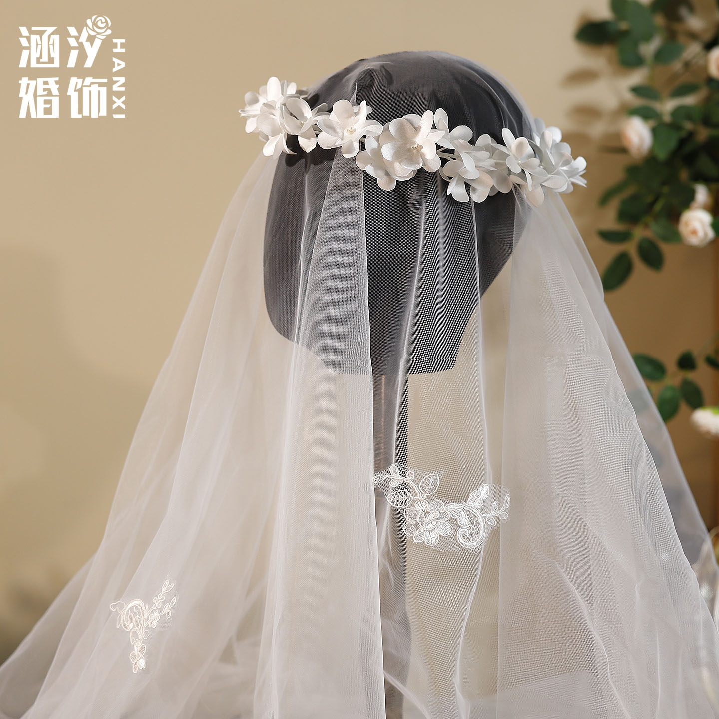 涵汐法式森系蕾丝花朵新娘头纱