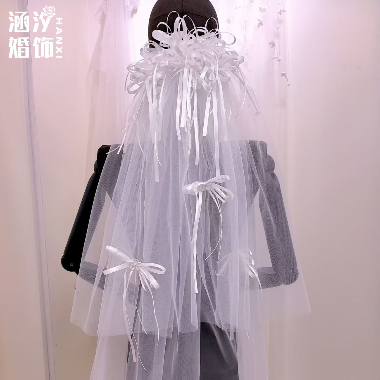 涵汐超仙新娘白色蝴蝶结头纱