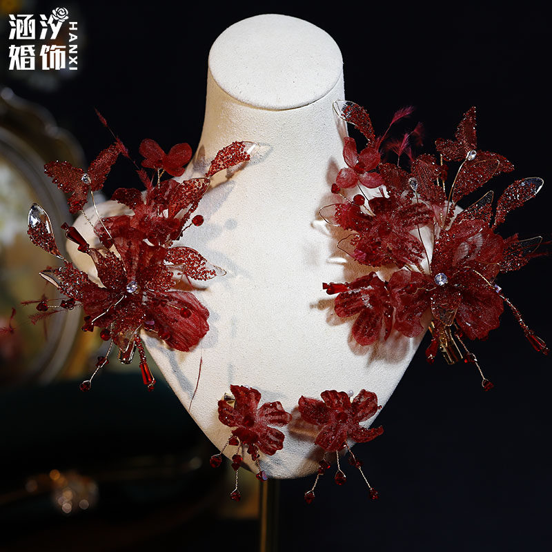 新款手作酒红色绢纱花朵发夹套装