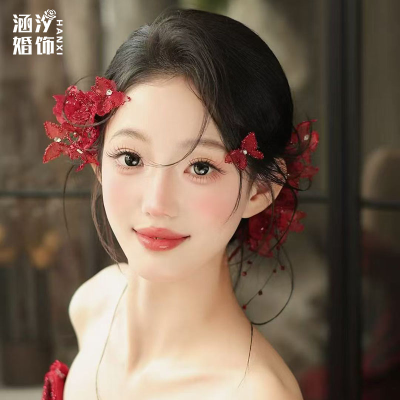 酒红色新娘蝴蝶娟纱边夹头饰韩式甜美发饰晚礼服宴会减龄造型发饰