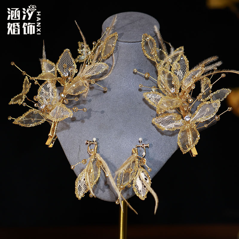 新款香槟色蕾丝花瓣闪亮发饰套装