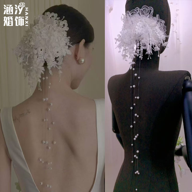 涵汐手作白蕾丝珍珠流苏新娘发饰