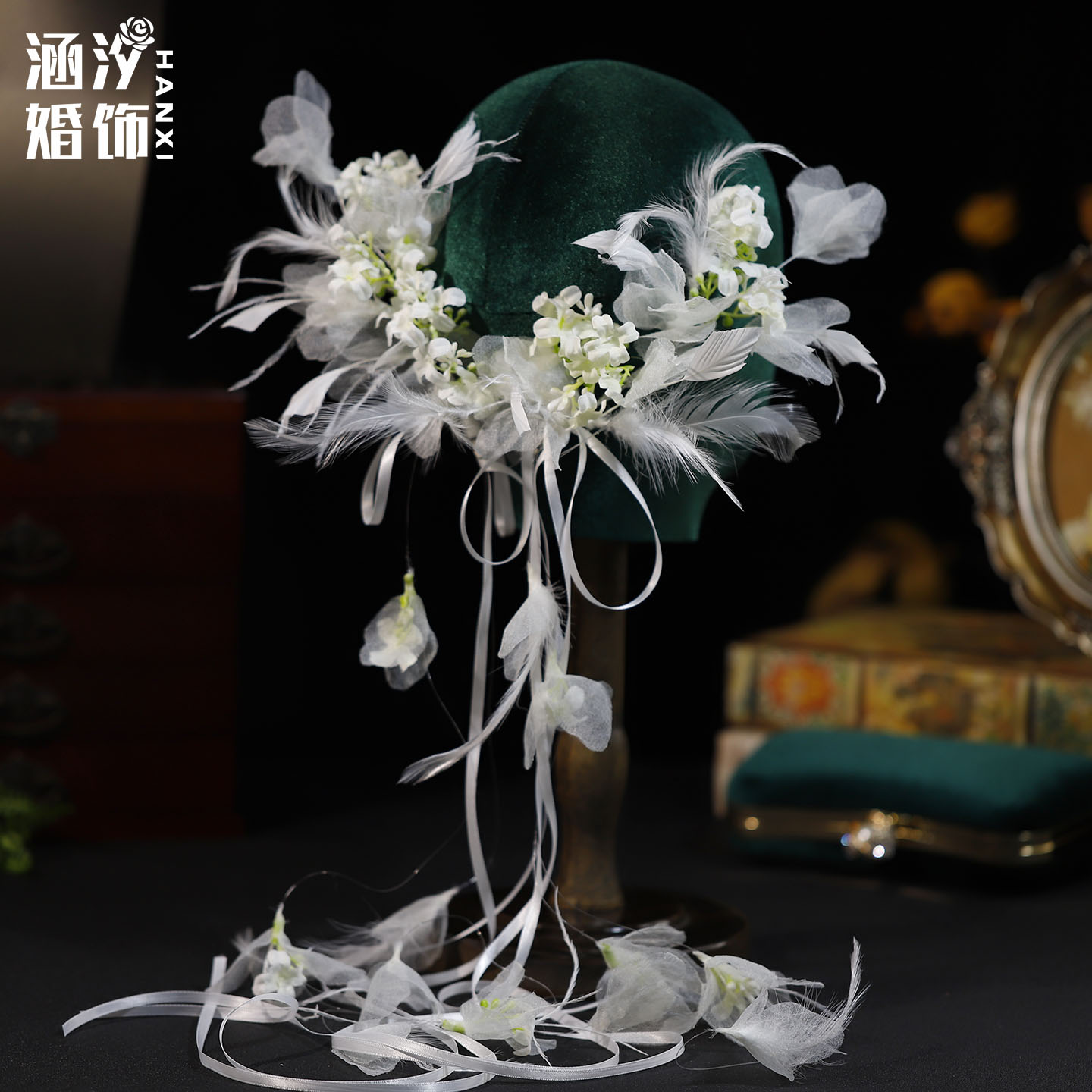 森系超仙白色羽毛飘带蝴蝶结头饰新娘结婚旅拍头花甜美减龄配饰女