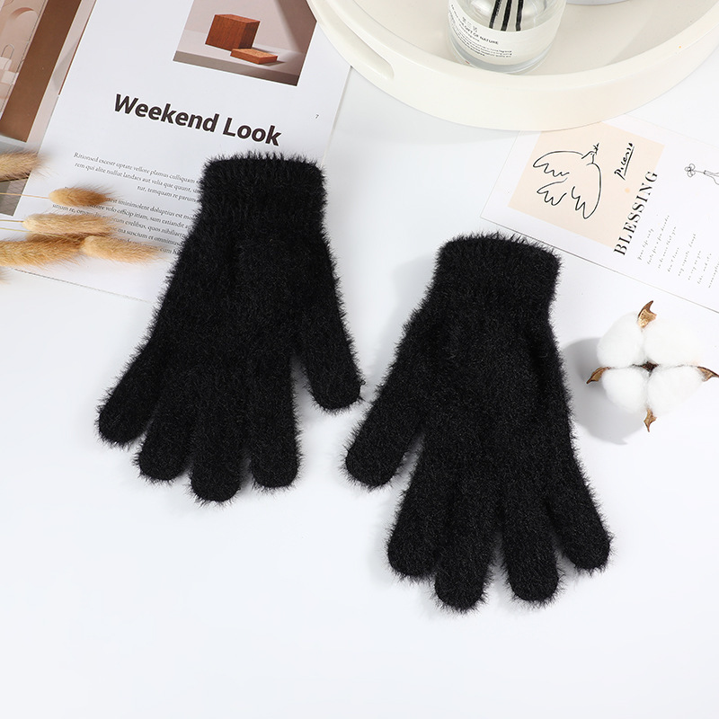 韩版时尚女士保暖手套秋冬季防寒纯色仿貂绒可爱学生户外全指手套