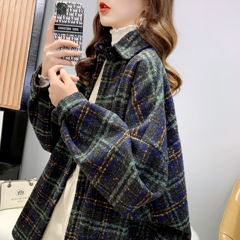 磨毛韩版宽松中长款格子衬衫女秋2020年新款洋气百搭毛呢衬衣外套