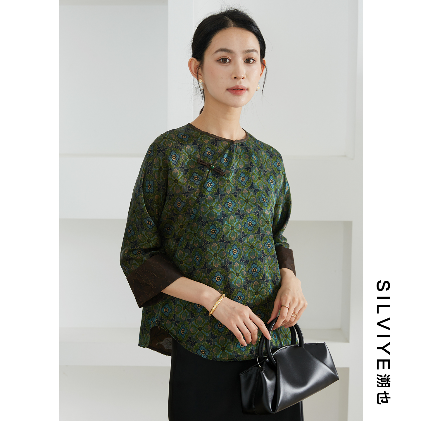 SILVIYE/溯也真丝绞萝香云纱提花挽袖上衣国风100桑蚕丝衬衣早秋