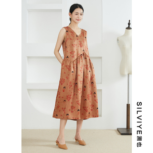 SILVIYE 溯也100%桑蚕丝重缎花萝红云纱香云纱真丝V领宽松连衣裙