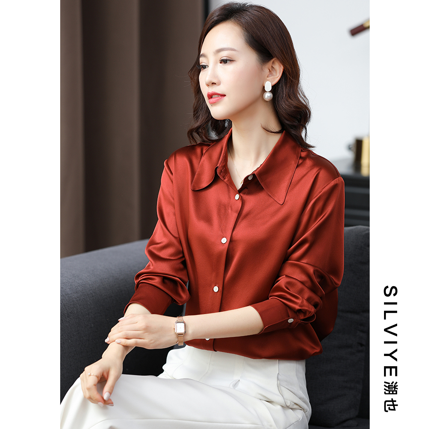 40姆米重磅真丝缎面长袖衬衫女设计感气质桑蚕丝上衣2025年秋新款