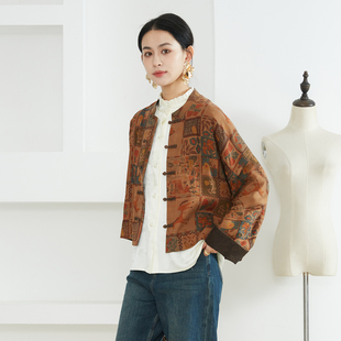 外套 女开衫 SILVIYE 溯也100%桑蚕丝绢纺香云纱印花真丝国风挽袖