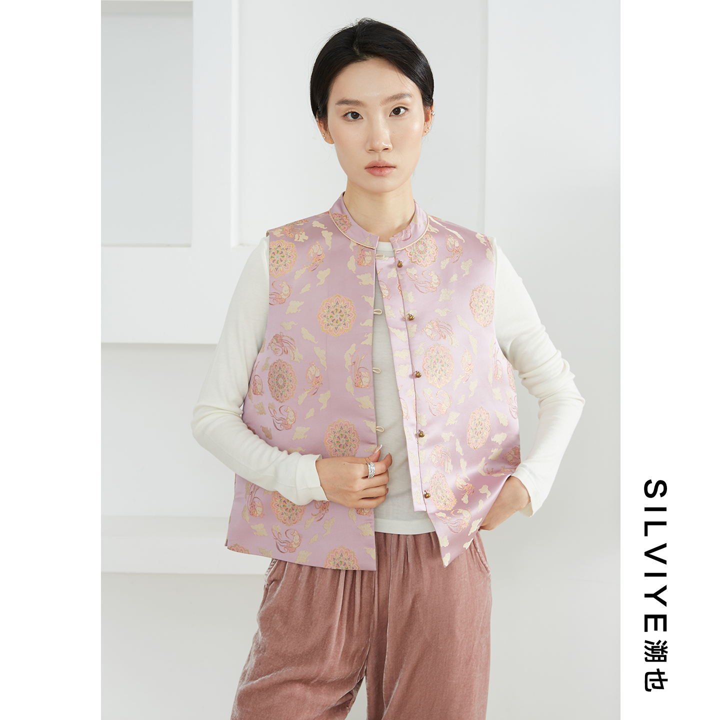 SILVIYE/溯也100%桑蚕丝真丝宋锦织金国风马甲提花新中式马夹秋女