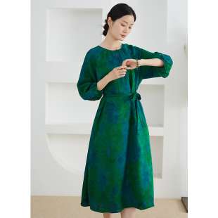 SILVIYE 溯也真丝香云纱提花花萝圆领连衣裙100%桑蚕丝收腰长裙