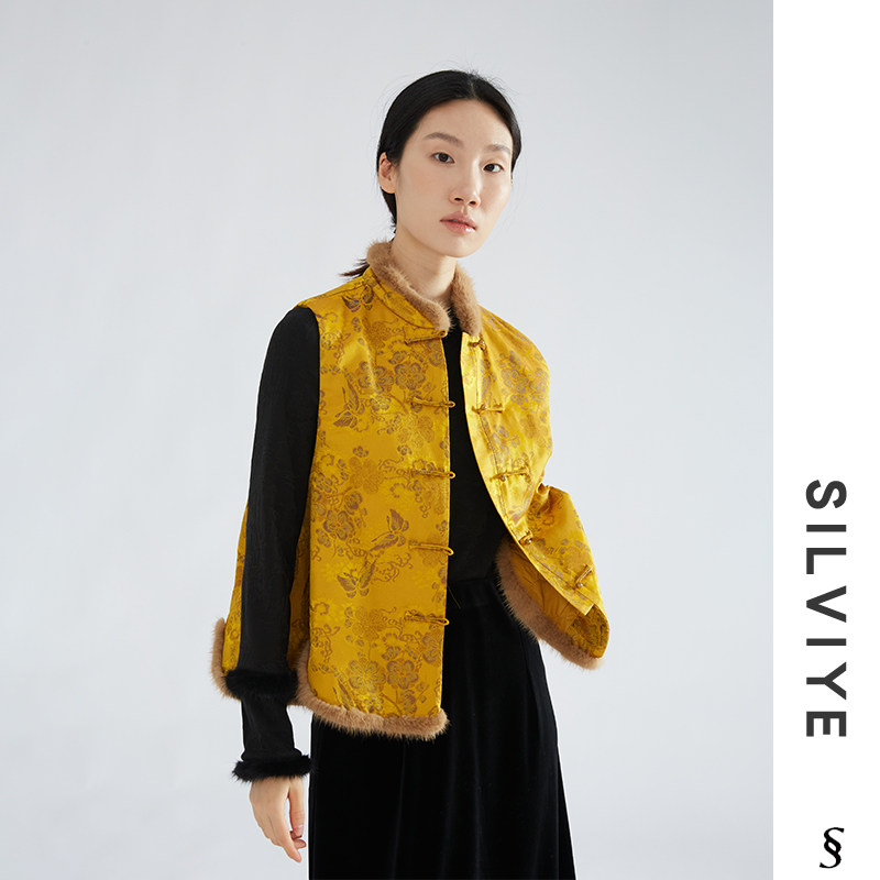 SILVIYE/溯也国风真丝马甲复古貂毛新中式国风桑蚕丝小袄夹棉背心
