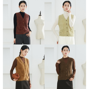 SILVIYE/溯也100%山羊绒针织拉绒马甲背心气质V领无袖针织开衫春