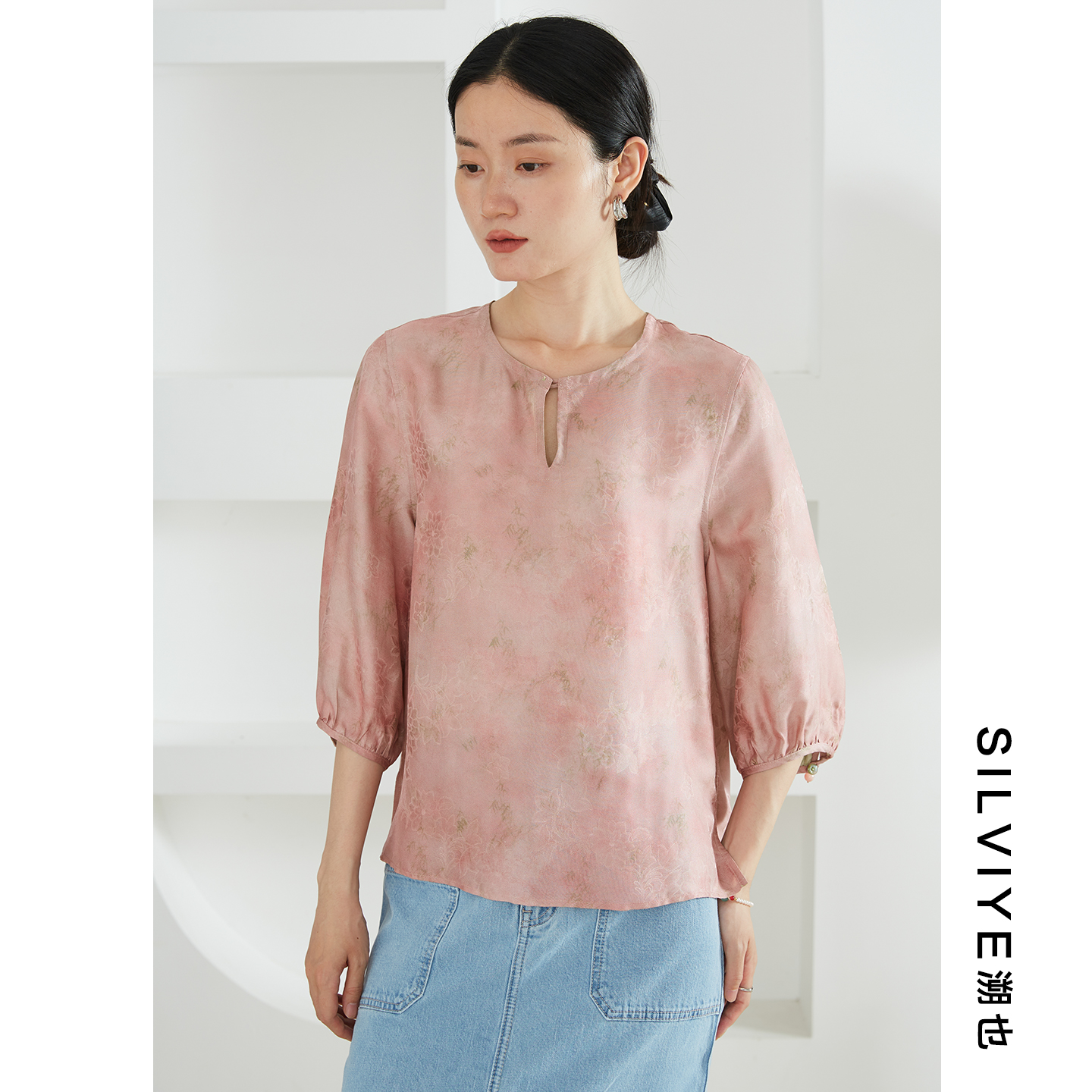 SILVIYE/溯也双面穿全罗真丝绞萝圆领上衣桑蚕丝国风七分袖衬衣