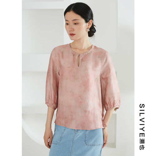 SILVIYE/溯也双面穿全罗真丝绞萝圆领上衣桑蚕丝国风七分袖衬衣