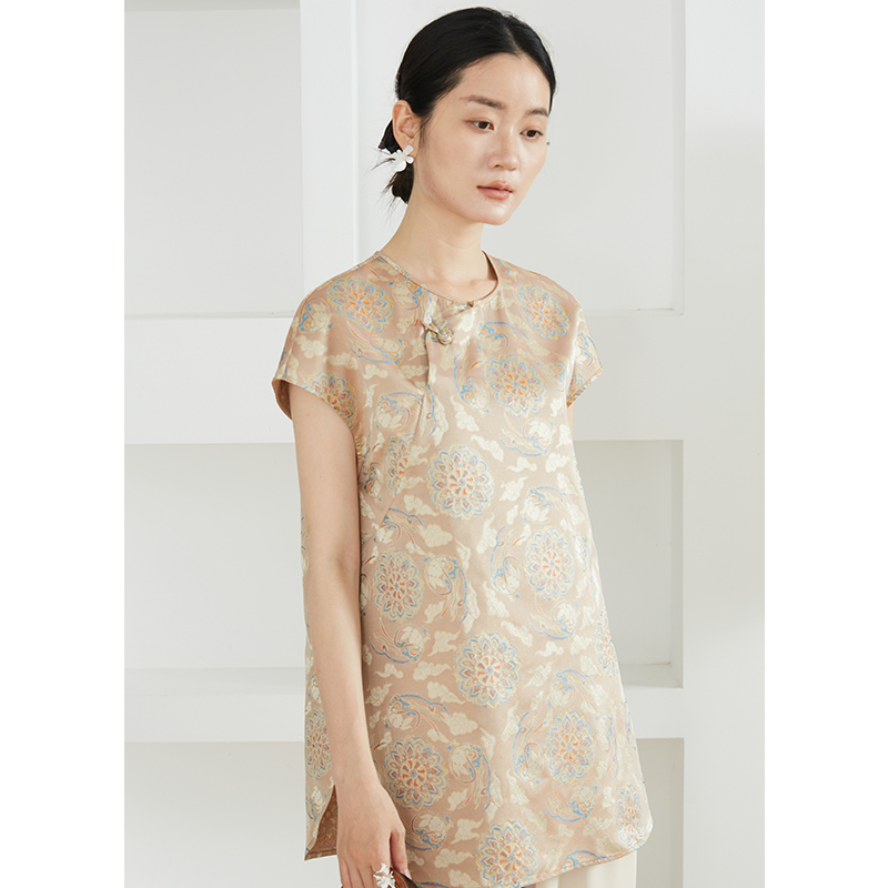 SILVIYE/溯也金丝线提花真丝异色罗100%桑蚕丝中长款新中式上衣女