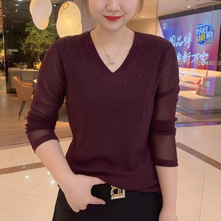 春季薄款网纱镶钻女装长袖T恤妈妈装高级感显气质V领套头打底衫