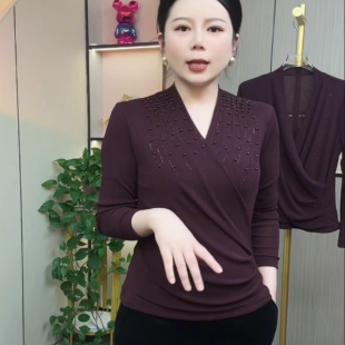 欧美轻奢风春装T恤中年女亲肤网纱穿珠镶钻显气质微胖妈妈打底衫