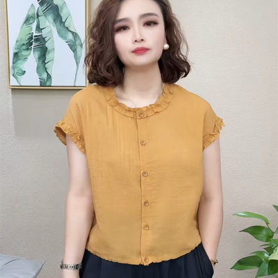 宽松短袖衬衫单排扣天丝花边圆领