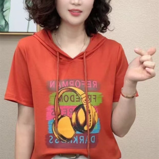 夏季短袖连帽T恤女全棉时髦数码印花套头帽衫宽松遮肉中年女卫衣