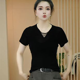 高级感V领套头短袖T恤女高弹力金丝绒薄款显气质中年女士夏季小衫