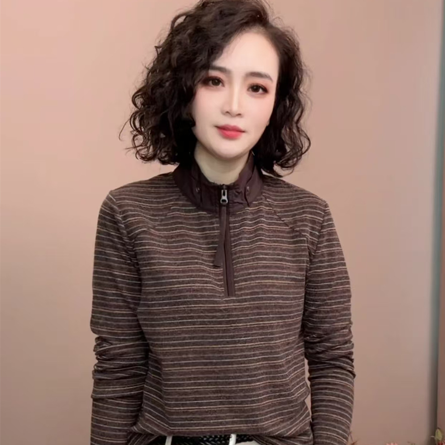 时尚条纹秋装加厚T恤女拉链半开立领妈妈装宽松遮肉休闲薄款卫衣