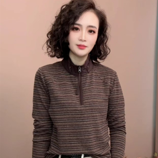 时尚条纹秋装加厚T恤女拉链半开立领妈妈装宽松遮肉休闲薄款卫衣