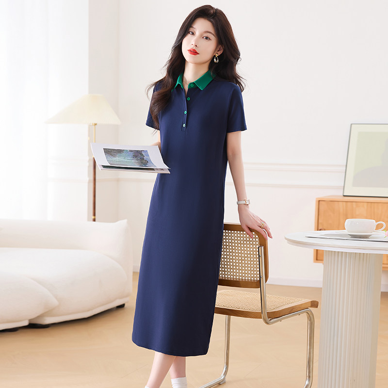 新款POLO领纯棉短袖t恤洋装女夏翻领长版宽松运动休闲 大尺码裙子