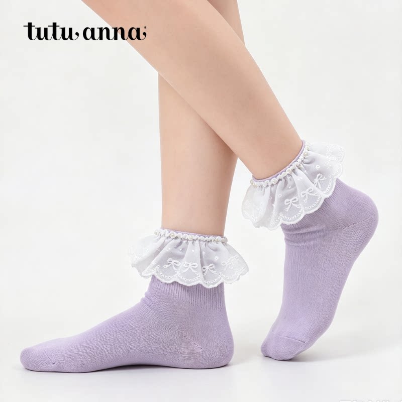 【5双129元】tutuanna女士棉质短袜纯色少女蕾丝荷叶边珍珠镶嵌短