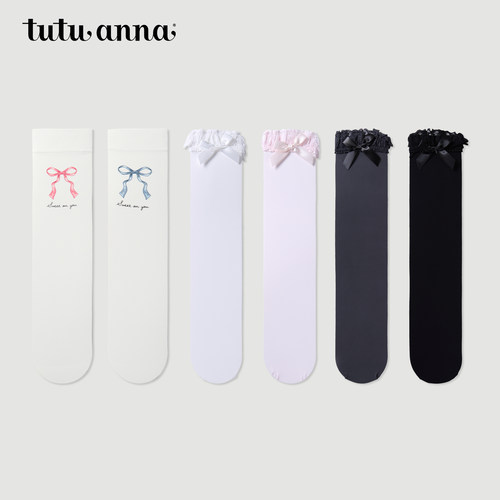 tutuanna春夏长筒袜女 纯色显瘦过膝袜30D蝴蝶结印花丝袜中筒袜女