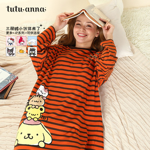 tutuanna家居服睡衣女春秋HelloKitty条纹套头圆领长袖 睡裙女 长款