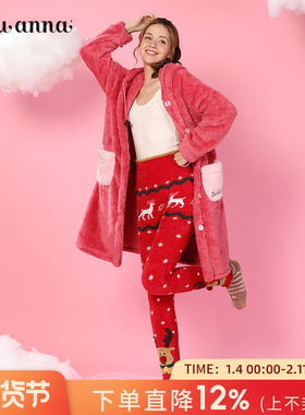 tutuanna秋冬款高腰圣诞鹿星星印花保暖加厚腹卷毛毛裤家居长裤女