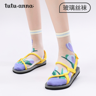 tutuanna芭蕾风玻璃丝袜女夏季洞洞鞋中筒袜刺绣透明水晶凉鞋袜