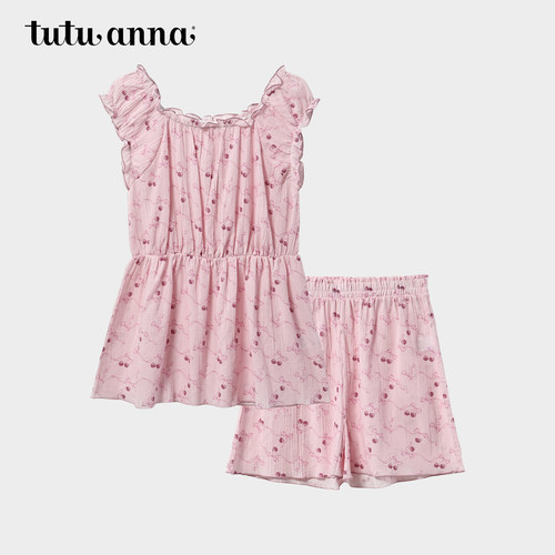 tutuanna日本同款全棉樱桃蝴蝶结满印套头无袖上衣+短裤套装