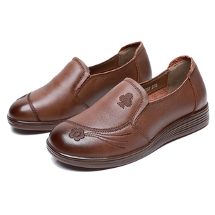 单鞋真皮妈妈鞋平底秋冬款中老年鞋子软底舒适老奶奶鞋老人皮鞋