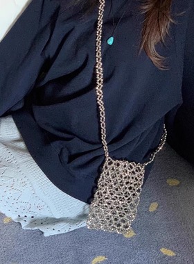 酥皮商店~韩版手工编织串珠手机包ins小众镂空单肩斜挎手提小包女