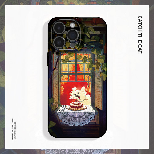 彻底疯狂~萌趣偷蛋糕小狗油画ins适用iPhone16/15pro手机壳华为mate70小米14vivoS19软iqooneo10苹果14findx8