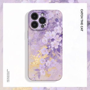 15promax手机壳新华为mate60小米14OPPOreno12苹果13vivox200一加ACE5 国风复古花适用iPhone16 紫与金 新中式