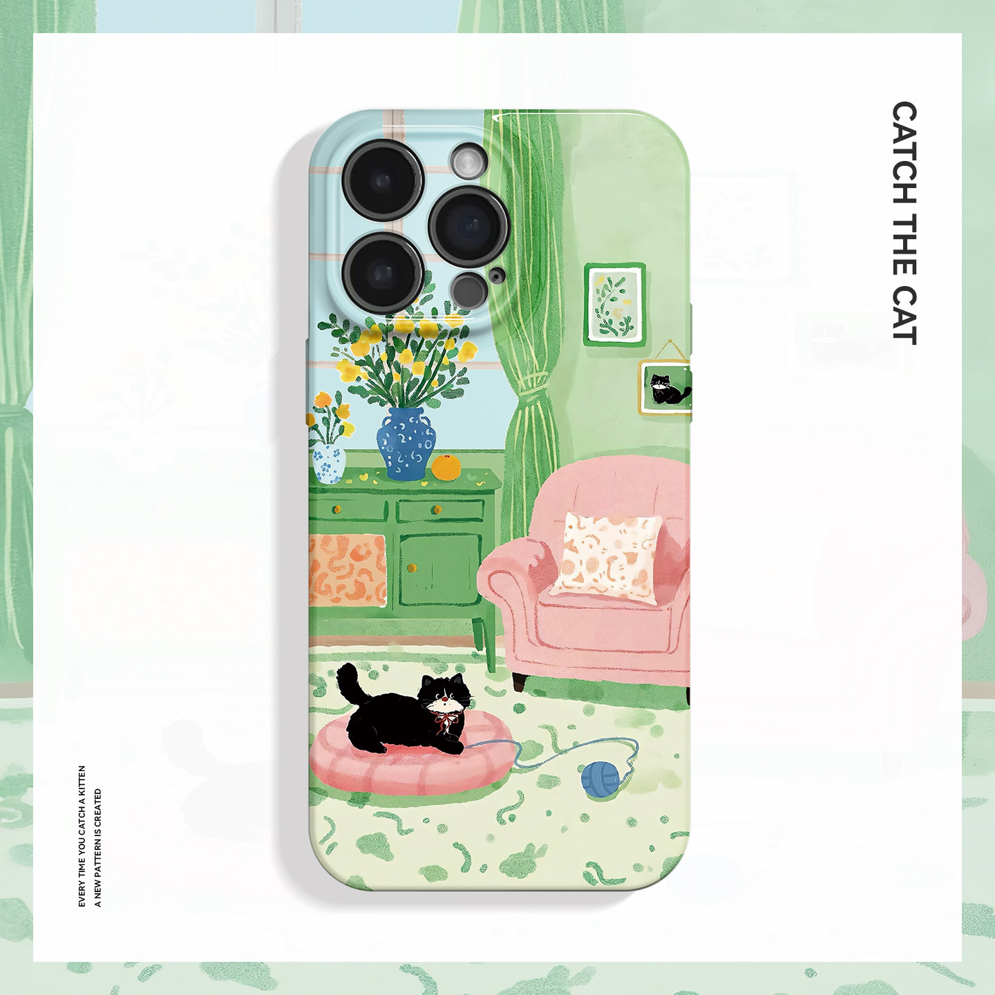 绿色心情~清新治愈猫咪ins适用iPhone16promax手机壳苹果13华为pura70小米15opporeno14荣耀400iqoo13红米k80