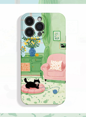 绿色心情~清新治愈猫咪ins适用iPhone16promax手机壳苹果13华为pura70小米15opporeno14荣耀400iqoo13红米k80