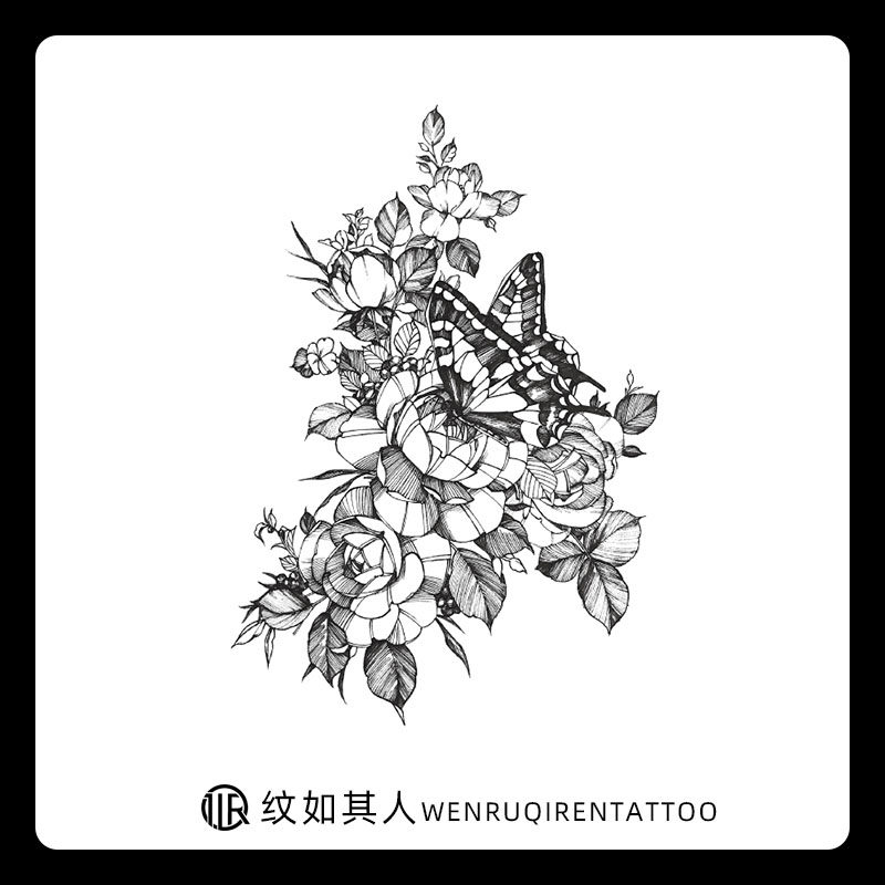 素描黑白蝴蝶大图花臂纹身贴纸防水持久手绘花朵遮疤痕纹身贴刺青
