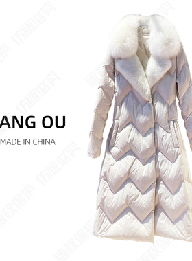【LANG  OU】新款95白鹅绒狐狸水貂毛领过膝长款羽绒服2228