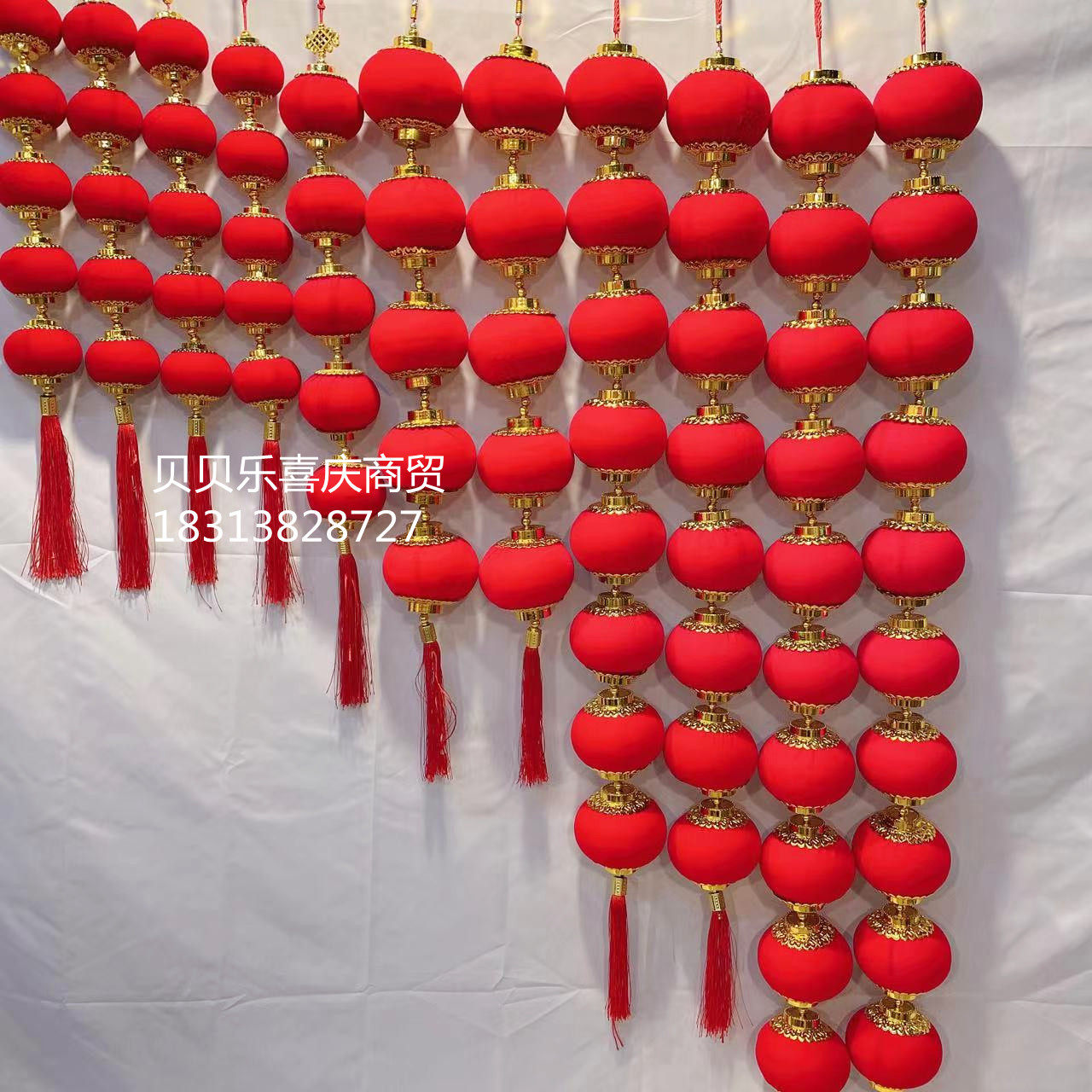 小灯笼5连串大小号红灯笼挂件中式厅植绒全红10连福字灯笼挂饰昆