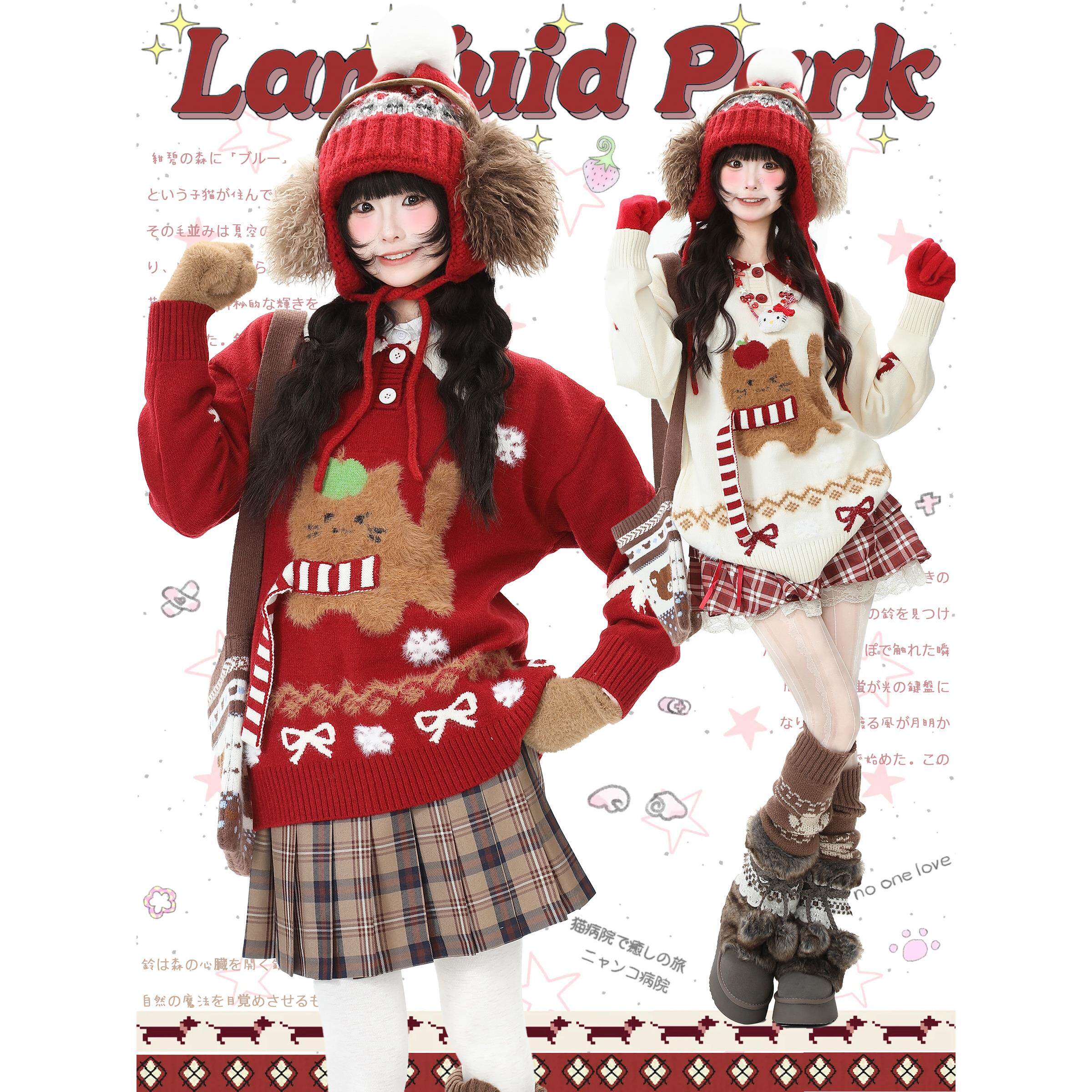 蓝鬼公园Languid Park小猫费尔岛毛衫圣诞红色针织毛衣女慵懒上衣