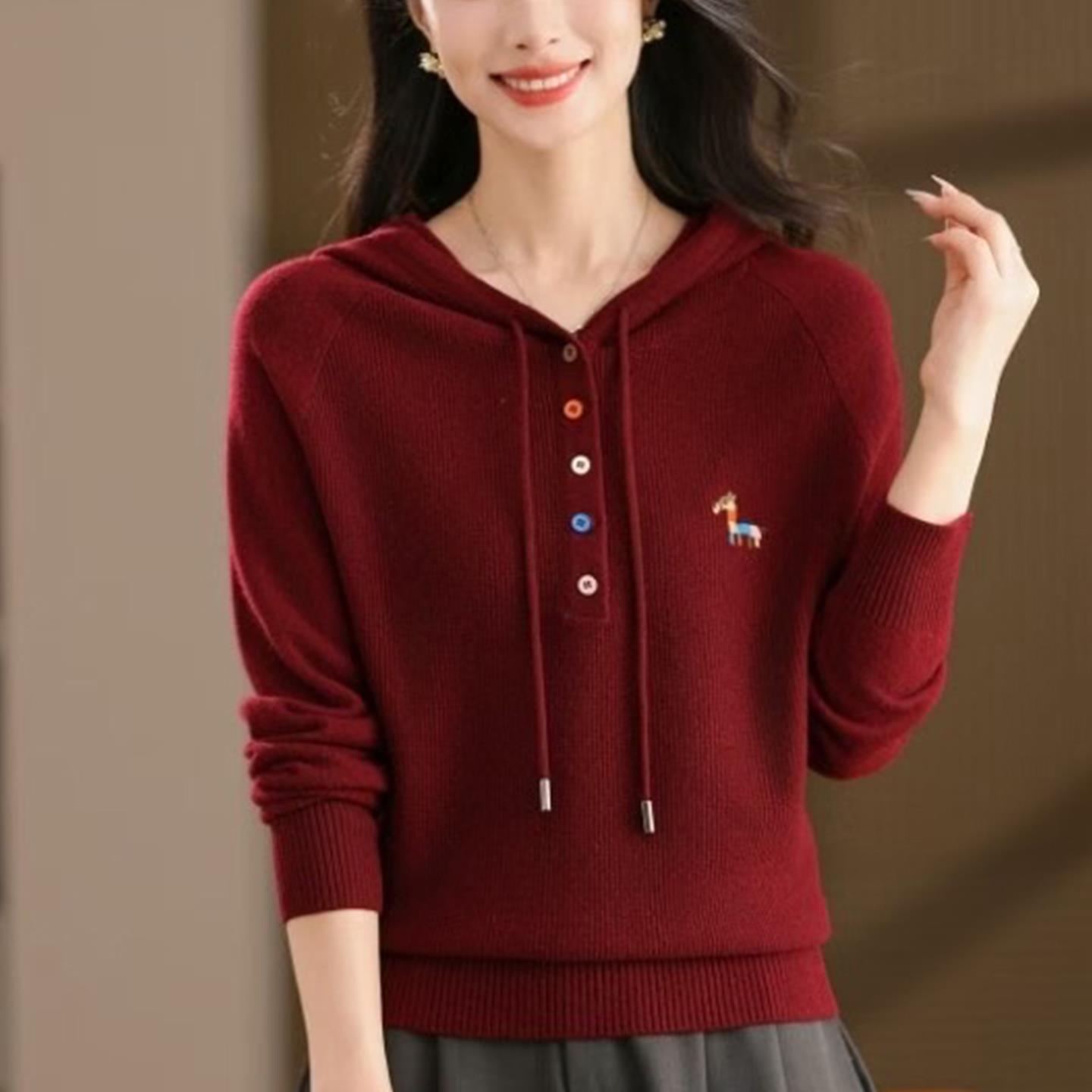 2025年秋季新款连帽针织衫女宽松大码简约百搭毛衣短款刺绣上衣